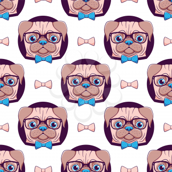 Pug vector seamless pattern, hipster designed dog in glasses and bow tie