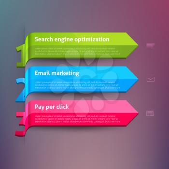 Arrows of search engine optimization, pay per click, email marketing. For step up options, web design, banners.