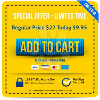 Blue Add To Cart button with yellow text. Vector illustration.
