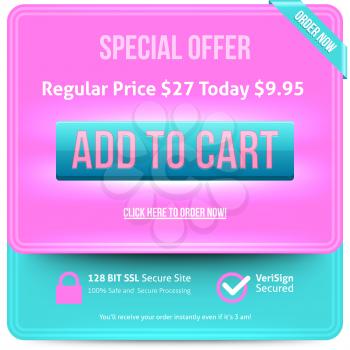 Blue Add To Cart button with pink text. Vector illustration.