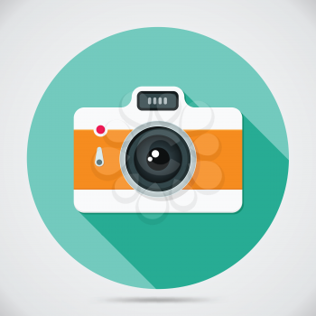 Flat style camera with long shadows. Vector icon illustration.