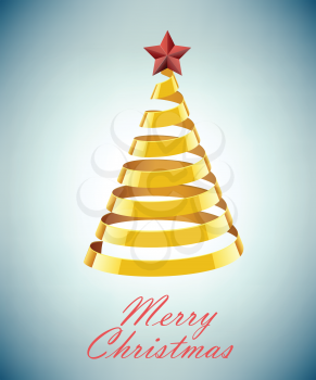 Abstract Gold Ribbon Christmas Tree On Grey Blue Background. Abstract Gold New Year Tree On Grey Blue Background