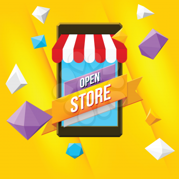 Online shopping concept with yellow background. Mobile market .Vector illustration.