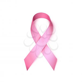 Realistic Pink Ribbon with Shadow. Breast Cancer Awareness Sign. Vector Isolated Illustration on White Background.