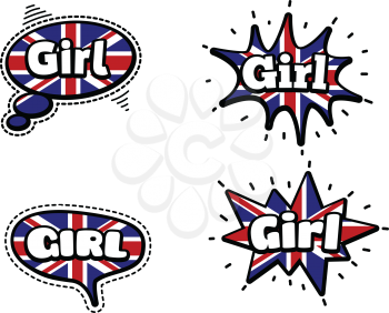 Fashion Patch Badge British Expressions, Girl Speech Bubbles. Set of Girl Stickers, Pins in Cartoon Comic Style.