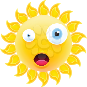 Embarrassed Sun Emoticon with Open Mouth. Shocked Sun Emoji with Two Different Eyes. Isolated Vector Illustration on White Background