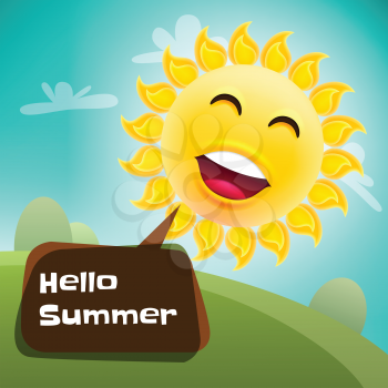 Hello Summer Poster. Summer Party Design Template. Summertime Background with Clouds, Trees, Sky.
