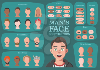 Man's Character Constructor. From Businessman to Hipster. Cartoon Man's Face Parts, Creation Spare Parts. Cartoon Style Faces. Body Part. Vector Illustration