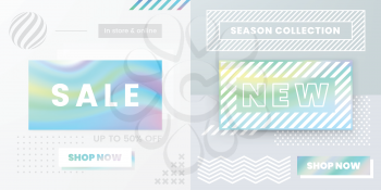 Vector Design for Sale Web Banners, Posters. Good for Social Media, Email, Print, Ads Design and Promotional Material in Memphis Style on Holographic background.