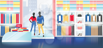Fashion Shop Interior Illustration. Clothes Store Image, For Banner or Advertisement With New Collection, Dummies, and Big Window