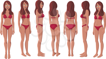 Vector Illustration of Smiling Women in Bikini on a White Background. Cartoon Realistic Girls Set. Flat Young Lady. Front View Woman. Side View Woman. Back Side View Woman. Seven Positions