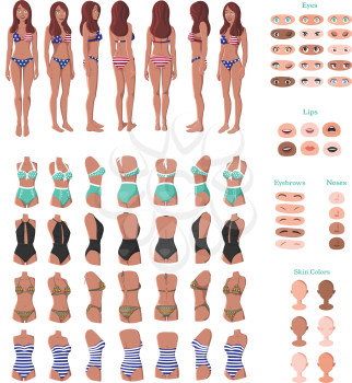 Beach Girl Character Creation Set. Woman in Swimming Suit. Full Length, Different Views, Emotions, Gestures. DIY design. Cartoon Style Infographic Illustration