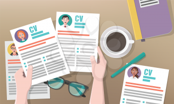 Recruitment or Headhunting Business Concept with Hands, Resumes, Pen, Coffee, Glasses as Symbols of Search for the Most Skillful and Talented Workers. Vector illustration for Social Media.