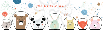Hand Drawn Portraits of Cute Funny Animals in Space with Typography in Childish Style. Isolated objects on white background. Line drawing. Vector illustration. Design concept for children print.