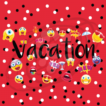 Vacation Poster or Postcard! Vacation time Design with Lots of Unique Emojis. Holidays Sign for Entities in a Trendy Style.