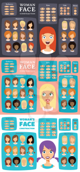 Woman Character Constructor. From Housewife to Hipster. Cartoon Woman Face Parts Creation Spare Parts. Cartoon Style Faces. Body Part. Vector Illustration