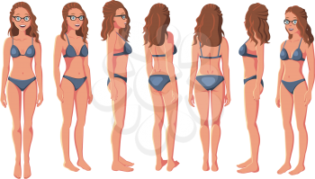 Vector Illustration of Smiling Women in Bikini and Glasses on a White Background. Cartoon Realistic Girls Set. Flat Young Lady. Front View Woman. Side View Woman. Back Side View Woman. Seven Positions
