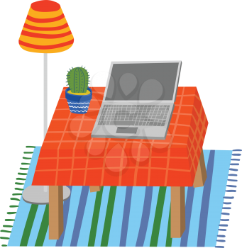 Laptop and Cactus on a Table. Illustration of Interior Parts in Hand Drawn Childish Style. Decorative Elements for Print or Digital. Cactus in a Pot, Laptop, Rug, Lamp. Table with a Tablecloth.