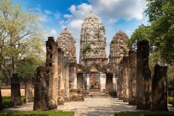 Wat Si Sawai temple in Sukhothai historical park, Thailand in a summer day