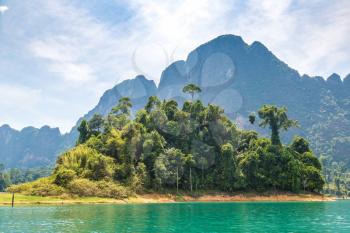 Beautiful nature at Cheow Lan lake, Ratchaprapha Dam, Khao Sok National Park in Thailand in a summer day