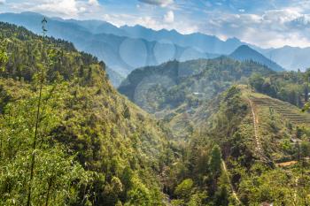 Panoramic view of Terraced rice field in Sapa, Lao Cai, Vietnam in a summer day