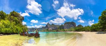 Panorama of Traditional long tail boat on Railay Beach, Krabi, Thailand in a summer day
