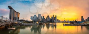 Panorama of Marina Bay Sands and Helix Bridge and Museum of Art and Science in Singapore at summer day