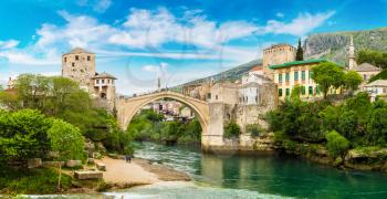 Panorama of The Old Bridge in Mostar in a beautiful summer day, Bosnia and Herzegovina