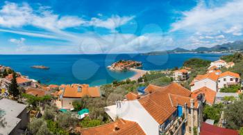 Panorama of Sveti Stefan island in Budva in a beautiful summer day, Montenegro