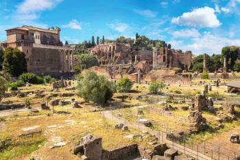 Ancient ruins of Forum  in a summer day in Rome, Italy