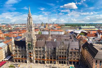 Aerial view on Marienplatz town hall in Munich, Germany in a beautiful summer day