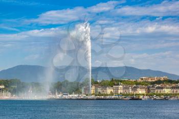 Geneva lake and Jet d'Eau fountain in Geneva in a beautiful summer day, Switzerland