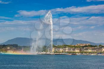 Geneva lake and Jet d'Eau fountain in Geneva in a beautiful summer day, Switzerland