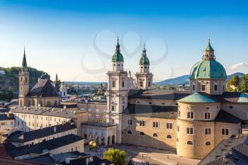 Panoramic aerial view of Salzburg Cathedral, Austria in a beautiful day