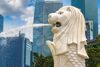 SINGAPORE - JUNE 23, 2018: The Merlion fountain statue - symbol of Singapore at summer day