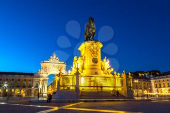Praca do Comercio (Commerce Square) and statue of King Jose I in Lisbon, Portugal in a beautiful summer night