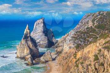 Cabo da Roca. Cliffs and rocks on the Atlantic ocean coast in Sintra in a beautiful summer day, Portugal