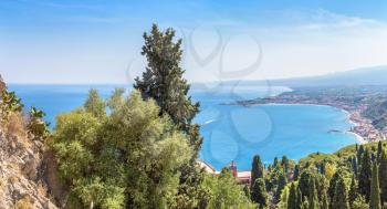 Panoramic aerial view of Taormina in Sicily, Italy in a beautiful summer day