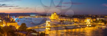Panoramic view of Budapest and Parliament Building in Hungary in a beautiful summer night