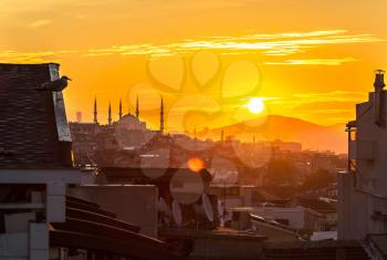Sunset at Blue Mosque in Istanbul, Turkey in a beautiful summer evening