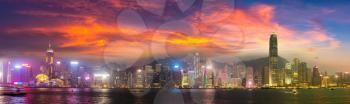 Panorama of Victoria Harbour in Hong Kong at summer night