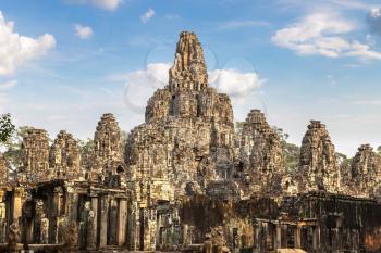 Bayon temple is Khmer ancient temple in complex Angkor Wat in Siem Reap, Cambodia in a summer day