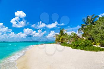 MALDIVES - JUNE 24, 2018: Tropical beach in the Maldives at summer day