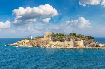 Pirate castle on Pigeon Island in Kusadasi, Turkey in a beautiful summer day