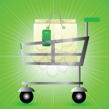 colorful illustration with shop basket  on a green wave background for your design
