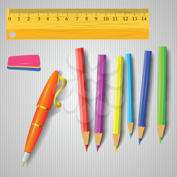 colorful illustration with office tools on a gray striped  background for your design