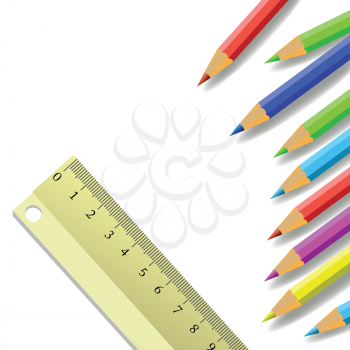 colorful illustration with  ruler and pencils  on a white background