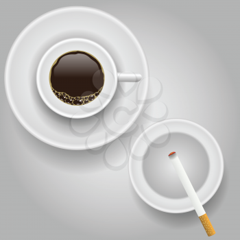 colorful illustration with cup of coffee and cigarette on a gray background