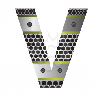 colorful illustration with perforated metal letter V  on a white background