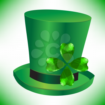 Four- leaf clover - Irish shamrock St Patrick's Day symbol. Useful for your design. Green glass clover  on green hut. St. Patrick's day green hat isolated on white background.